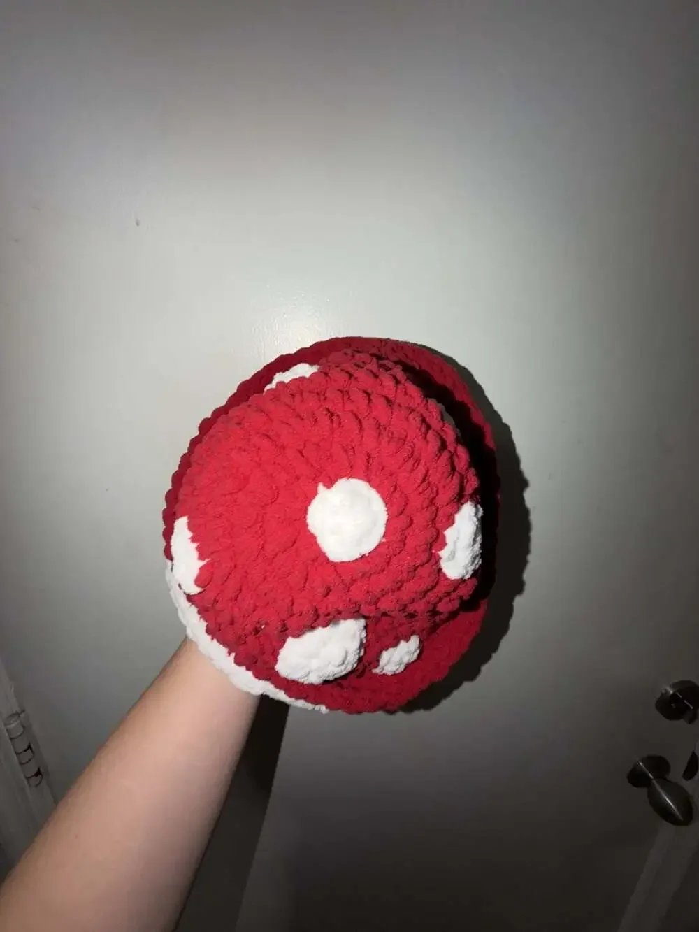 Handmade Crochet Mushroom Bucket Hat with Red and White Yarn